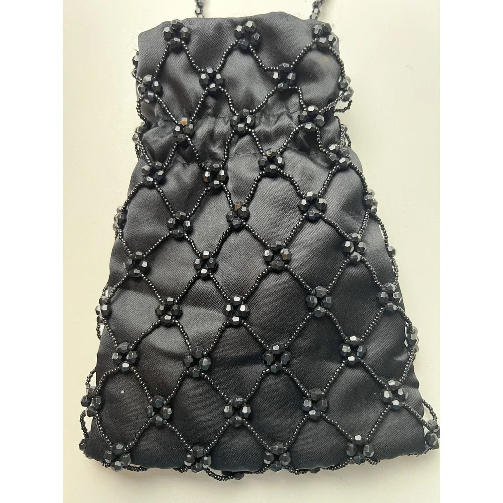 Magid Small  Black Beaded Handbag Drawstring Close Crossbody Evening Bag Vintage